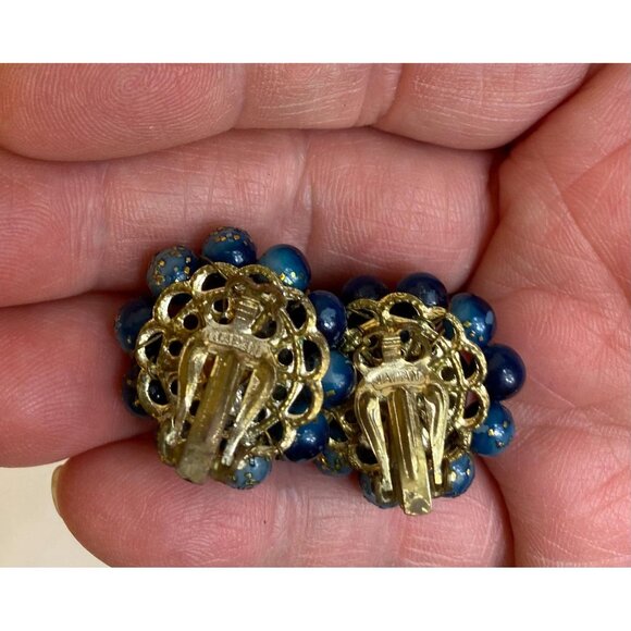 Mid-Century Cluster Earrings - Gold speckled blue-green-teal beads - JAPAN - Picture 5 of 7